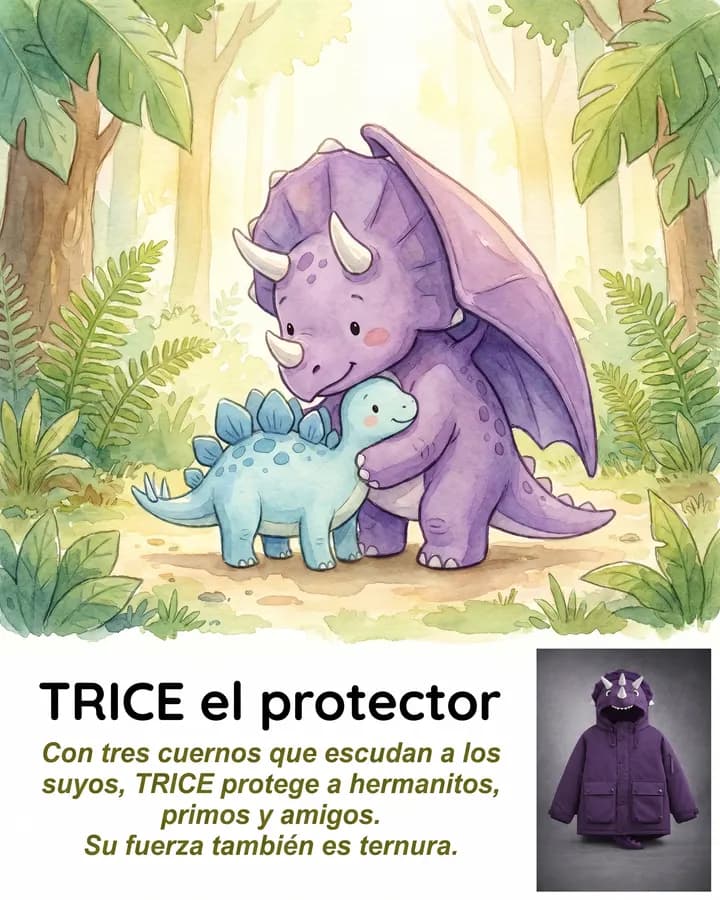 Ilustración de cuento de TRICE, el triceratops protector