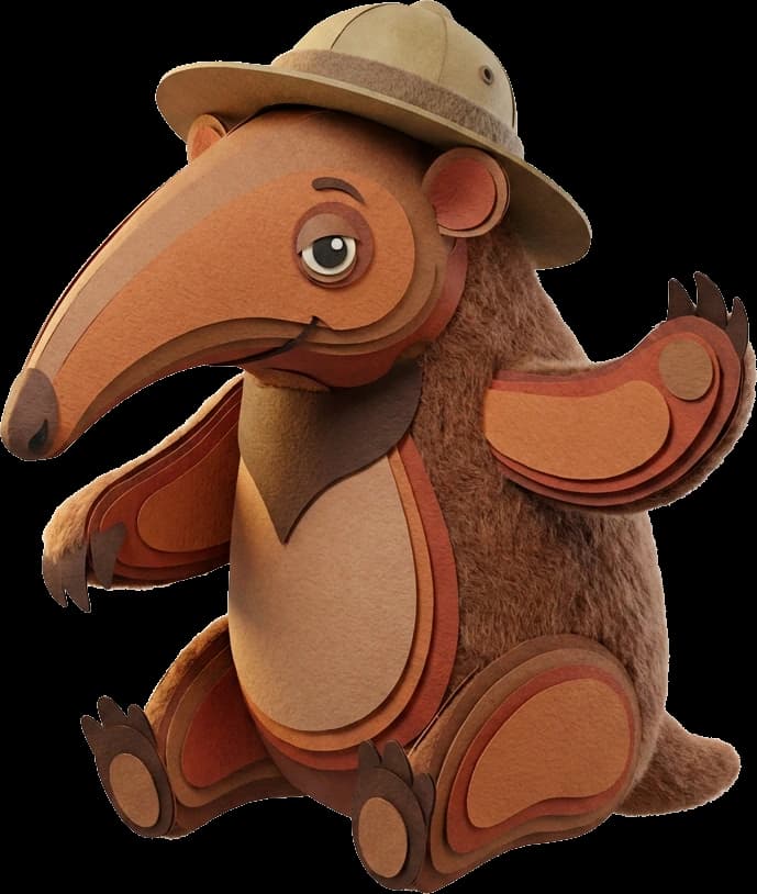 Mascota de Munay, un oso hormiguero con sombrero de explorador